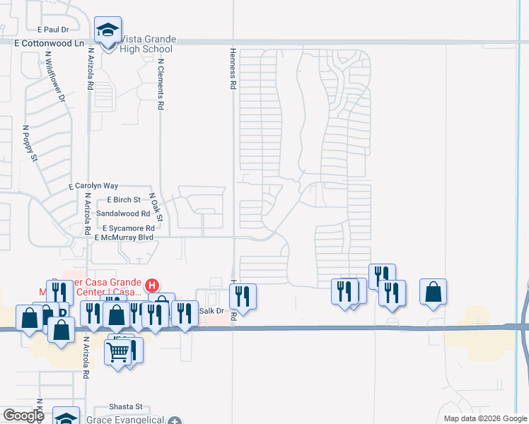 map of restaurants, bars, coffee shops, grocery stores, and more near Cole Cir in Casa Grande