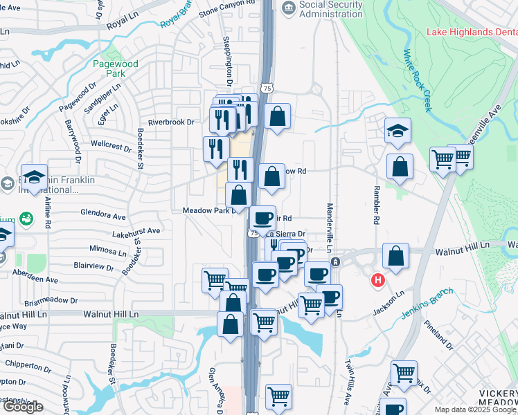 map of restaurants, bars, coffee shops, grocery stores, and more near 10212 East Service Road in Dallas