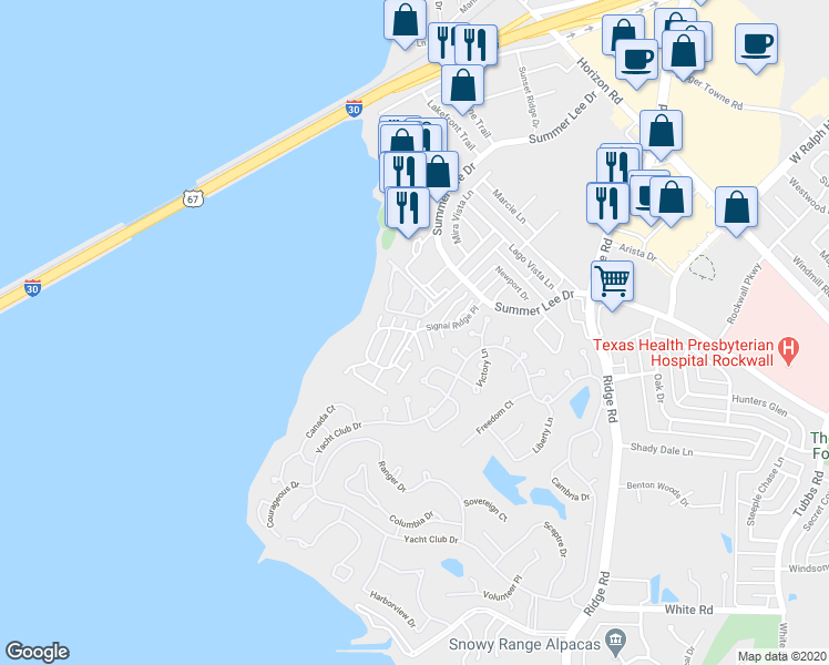 map of restaurants, bars, coffee shops, grocery stores, and more near 1999 Signal Ridge Place in Rockwall