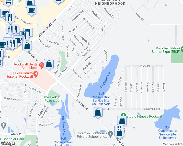 map of restaurants, bars, coffee shops, grocery stores, and more near 143 Bream Drive in Rockwall