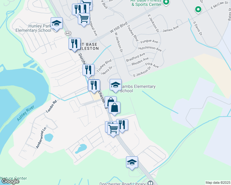map of restaurants, bars, coffee shops, grocery stores, and more near 6800 Dorchester Road in North Charleston