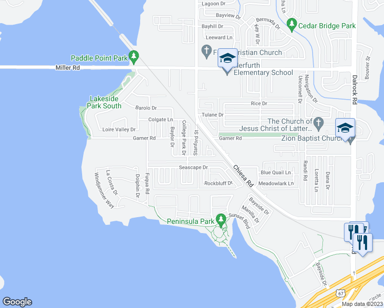 map of restaurants, bars, coffee shops, grocery stores, and more near 2601 College Park Drive in Rowlett