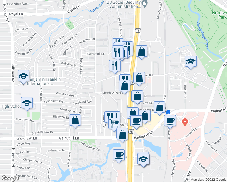 map of restaurants, bars, coffee shops, grocery stores, and more near 10209 Regal Oaks Drive in Dallas