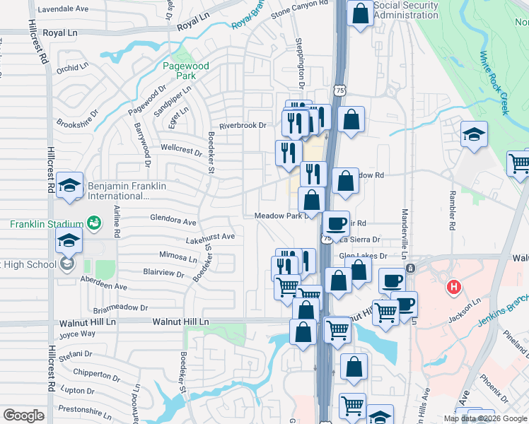 map of restaurants, bars, coffee shops, grocery stores, and more near 7711 Meadow Park Drive in Dallas
