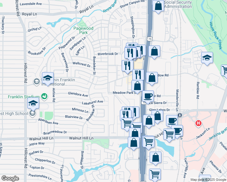 map of restaurants, bars, coffee shops, grocery stores, and more near 7711 Meadow Park Drive in Dallas