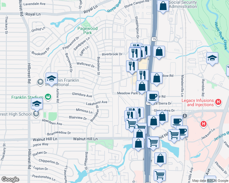 map of restaurants, bars, coffee shops, grocery stores, and more near 7620 Meadow Road in Dallas