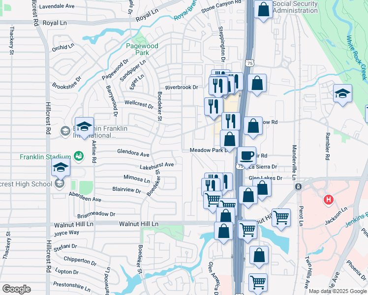 map of restaurants, bars, coffee shops, grocery stores, and more near 7620 Meadow Road in Dallas