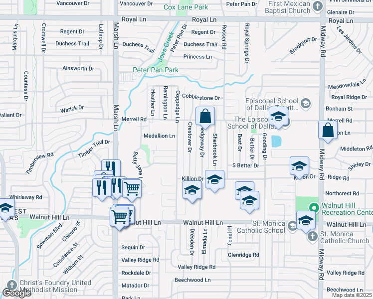 map of restaurants, bars, coffee shops, grocery stores, and more near 10236 Coppedge Lane in Dallas