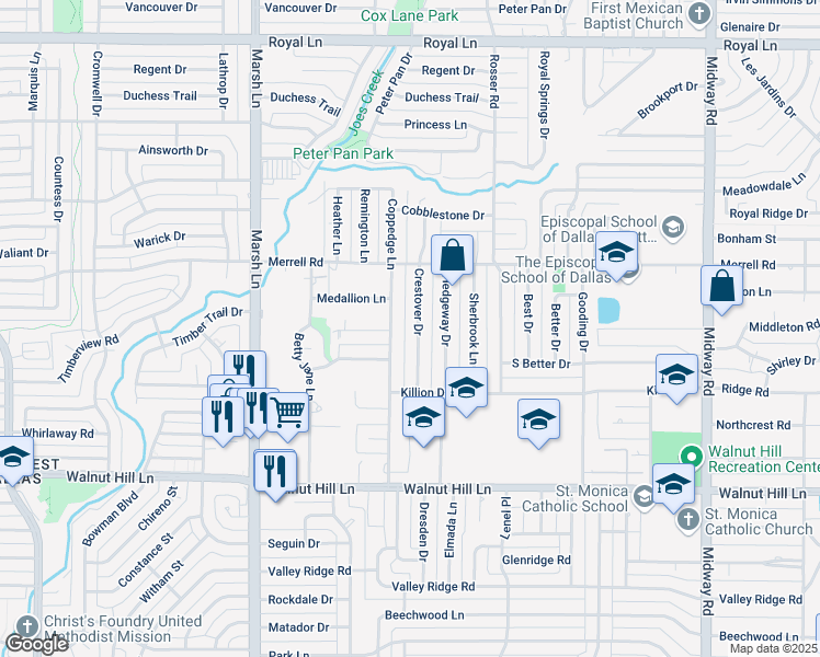 map of restaurants, bars, coffee shops, grocery stores, and more near 10236 Coppedge Lane in Dallas