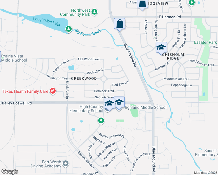 map of restaurants, bars, coffee shops, grocery stores, and more near 721 Red Elm Lane in Fort Worth