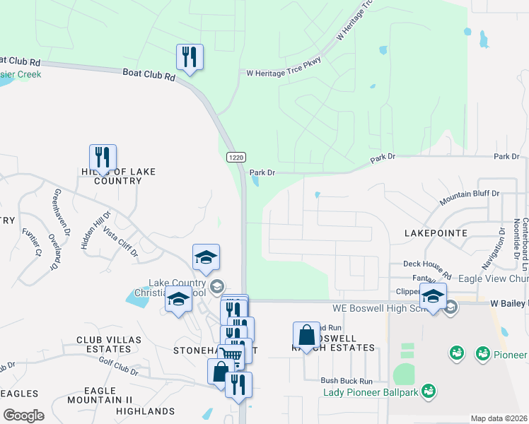 map of restaurants, bars, coffee shops, grocery stores, and more near 8828-8898 Boat Club Road in Fort Worth