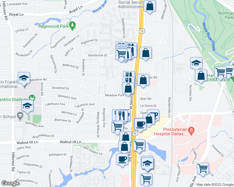 map of restaurants, bars, coffee shops, grocery stores, and more near 10211 Regal Oaks Drive in Dallas