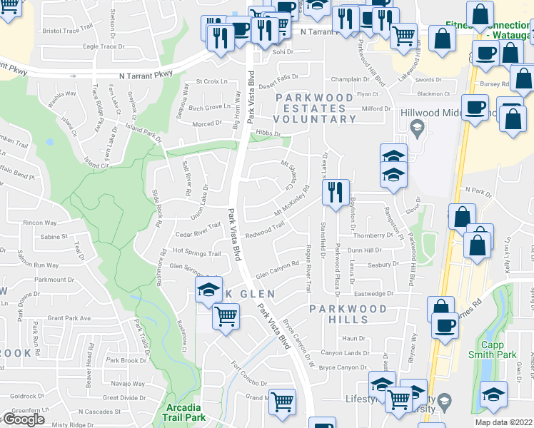 map of restaurants, bars, coffee shops, grocery stores, and more near 8013 Mount Shasta Circle in Fort Worth
