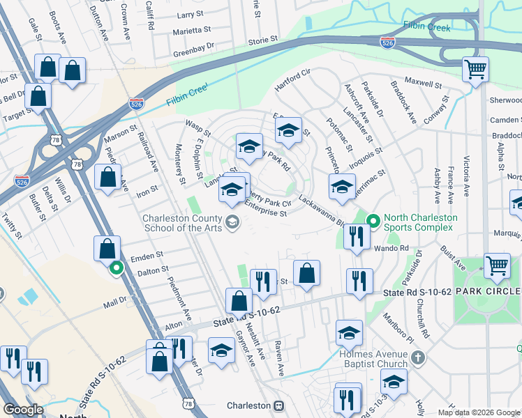 map of restaurants, bars, coffee shops, grocery stores, and more near West Enterprise Street in North Charleston