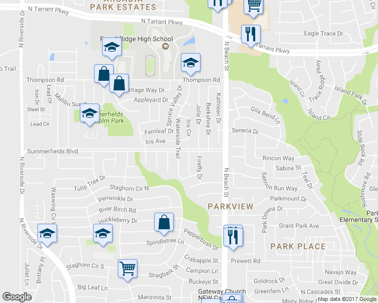 map of restaurants, bars, coffee shops, grocery stores, and more near Summerfields Blvd & Eastwind Dr in Fort Worth