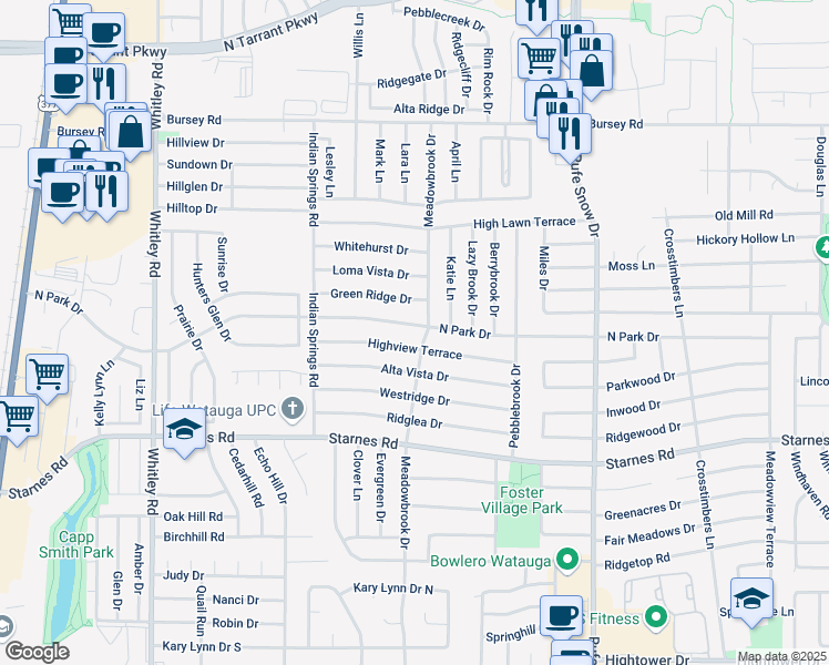map of restaurants, bars, coffee shops, grocery stores, and more near 6465 North Park Drive in Watauga