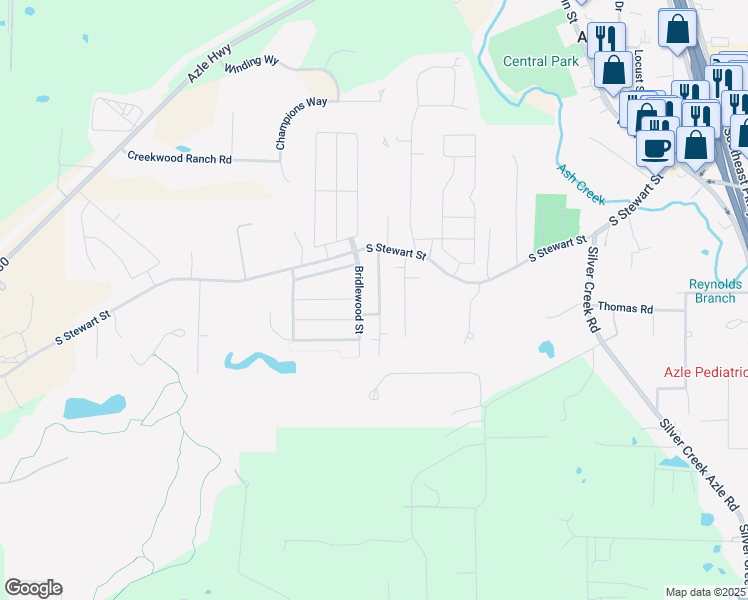 map of restaurants, bars, coffee shops, grocery stores, and more near 133 Bridlewood Street in Azle