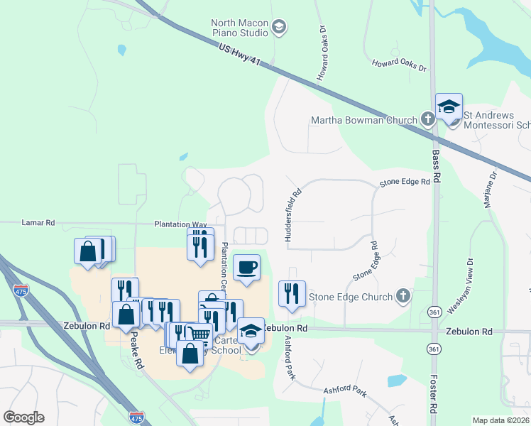 map of restaurants, bars, coffee shops, grocery stores, and more near 291 Plantation Centre Drive North in Macon