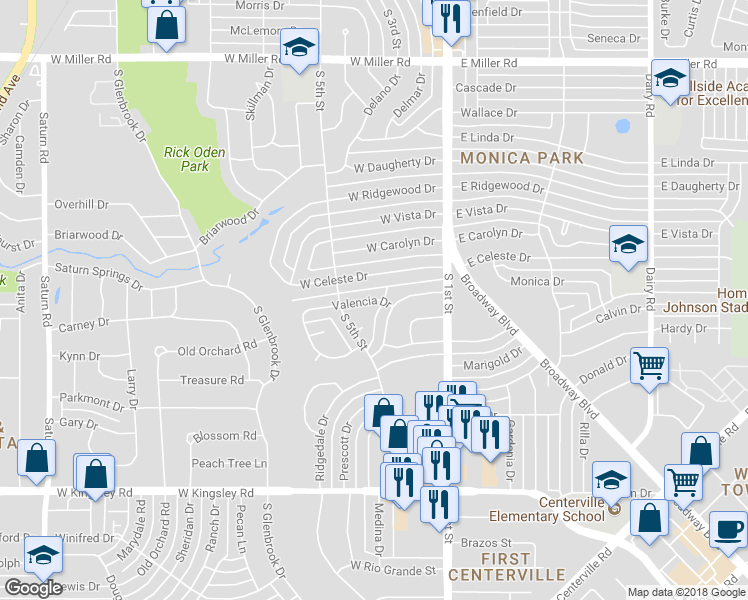 map of restaurants, bars, coffee shops, grocery stores, and more near Valencia Drive in Garland