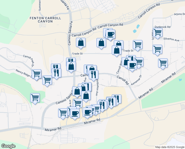 map of restaurants, bars, coffee shops, grocery stores, and more near 7360 Carroll Road in San Diego
