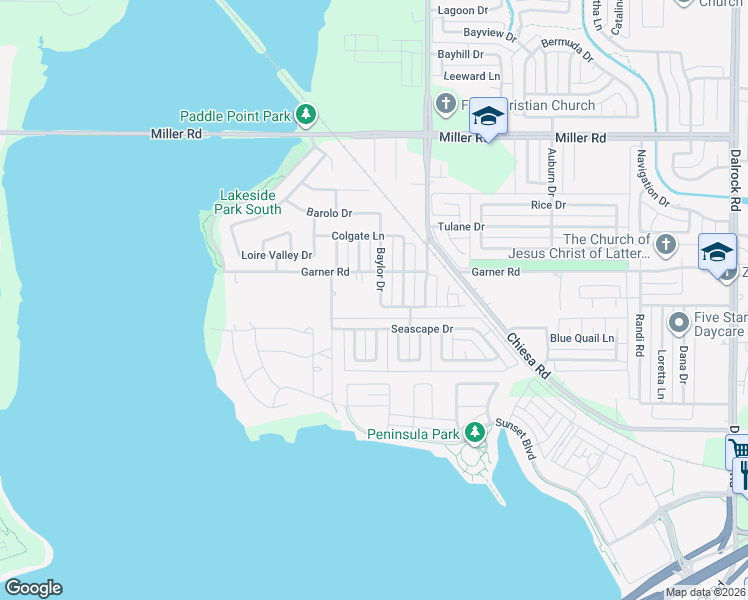 map of restaurants, bars, coffee shops, grocery stores, and more near 2601 Baylor Drive in Rowlett
