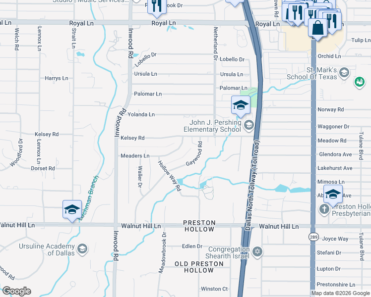 map of restaurants, bars, coffee shops, grocery stores, and more near 5424 Meaders Lane in Dallas