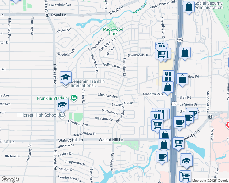 map of restaurants, bars, coffee shops, grocery stores, and more near 7230 Stonetrail Drive in Dallas