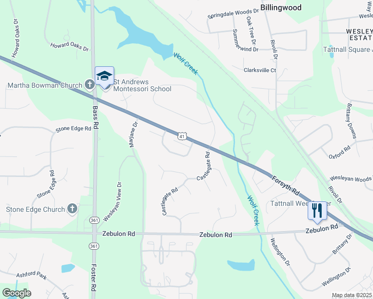 map of restaurants, bars, coffee shops, grocery stores, and more near 112 Manor Row in Macon