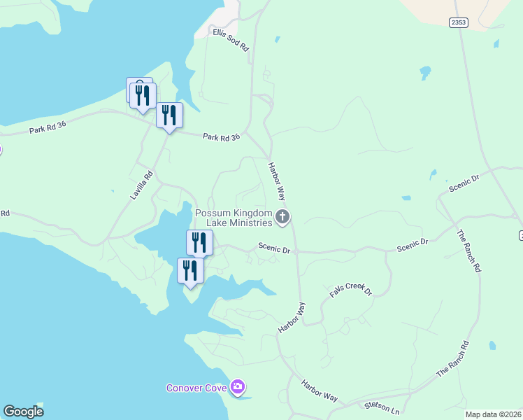 map of restaurants, bars, coffee shops, grocery stores, and more near 250 Harbour Town Drive in Graford