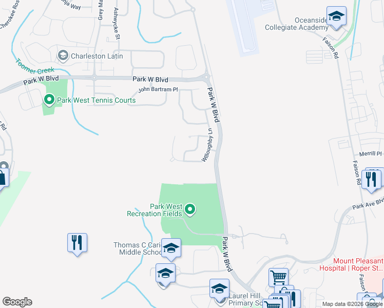 map of restaurants, bars, coffee shops, grocery stores, and more near 1204 Knightbridge Lane in Mount Pleasant