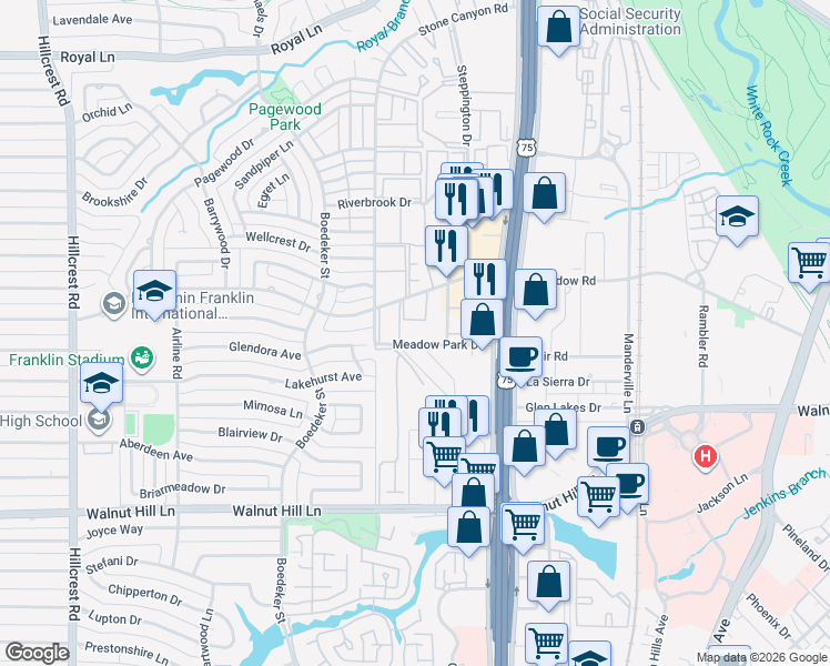 map of restaurants, bars, coffee shops, grocery stores, and more near 7711 Meadow Park Drive in Dallas