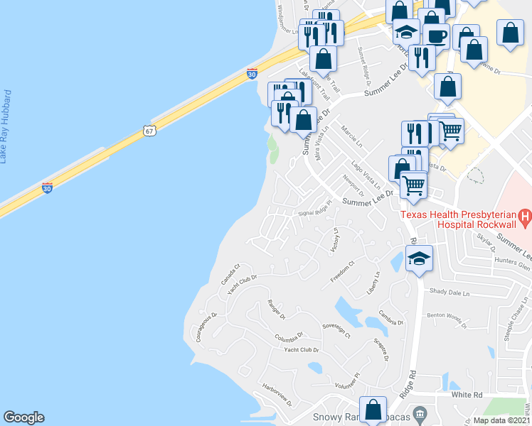 map of restaurants, bars, coffee shops, grocery stores, and more near 1812 Signal Ridge Place in Rockwall
