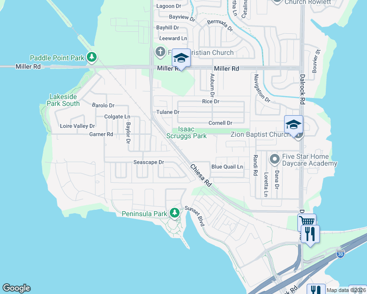 map of restaurants, bars, coffee shops, grocery stores, and more near 2418 Chiesa Road in Rowlett