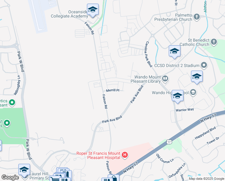map of restaurants, bars, coffee shops, grocery stores, and more near Faison Road in Mount Pleasant