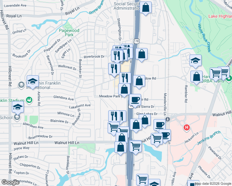 map of restaurants, bars, coffee shops, grocery stores, and more near 10209 Regal Oaks Drive in Dallas