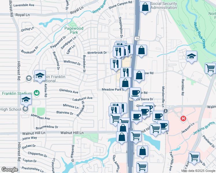 map of restaurants, bars, coffee shops, grocery stores, and more near 7711 Meadow Park Drive in Dallas