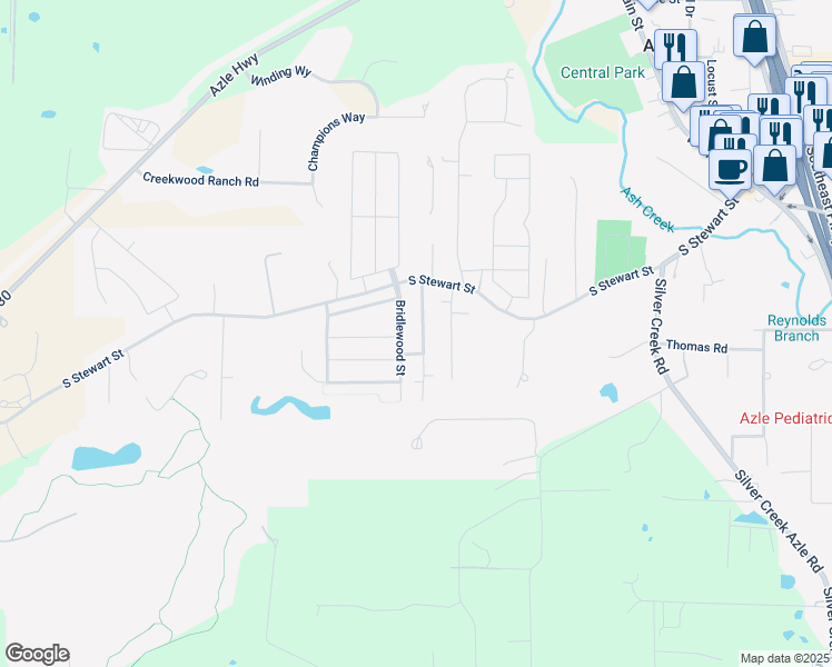 map of restaurants, bars, coffee shops, grocery stores, and more near 133 Bridlewood Street in Azle