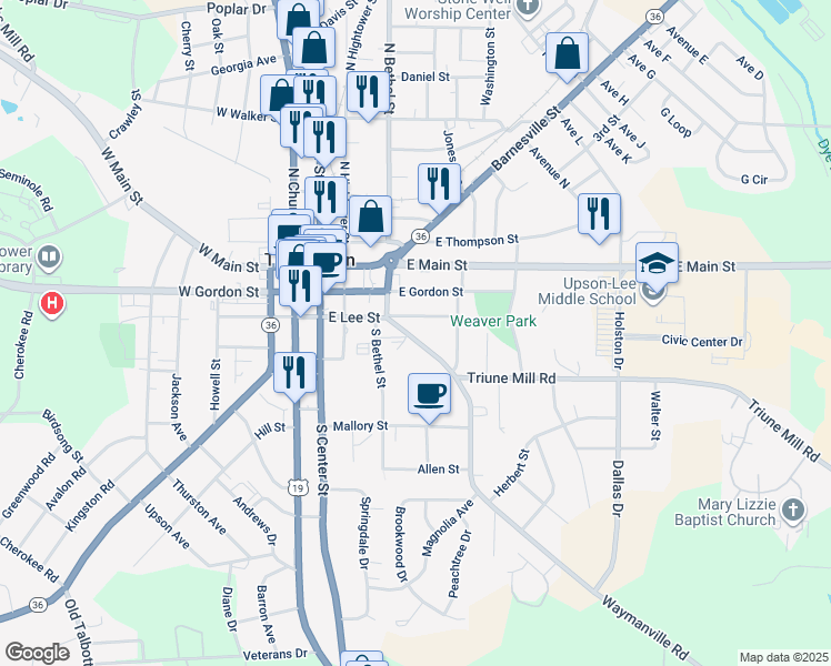 map of restaurants, bars, coffee shops, grocery stores, and more near 315 East Lee Street in Thomaston