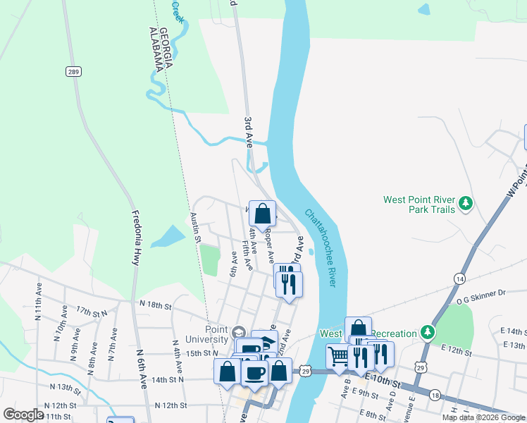 map of restaurants, bars, coffee shops, grocery stores, and more near 500 West 15th Street in West Point