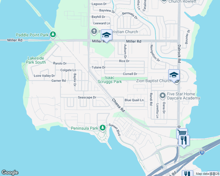 map of restaurants, bars, coffee shops, grocery stores, and more near 2418 Chiesa Road in Rowlett
