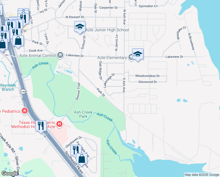 map of restaurants, bars, coffee shops, grocery stores, and more near 1112 Pine Ridge Drive in Azle