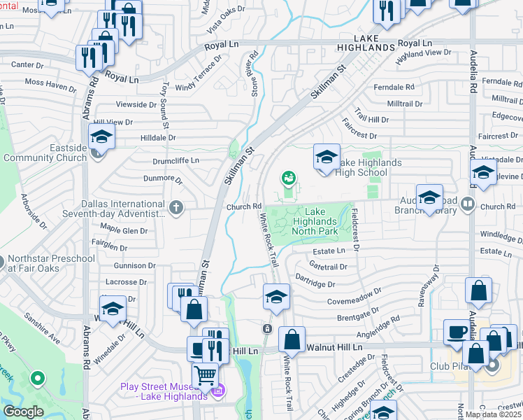 map of restaurants, bars, coffee shops, grocery stores, and more near 9446 Church Road in Dallas