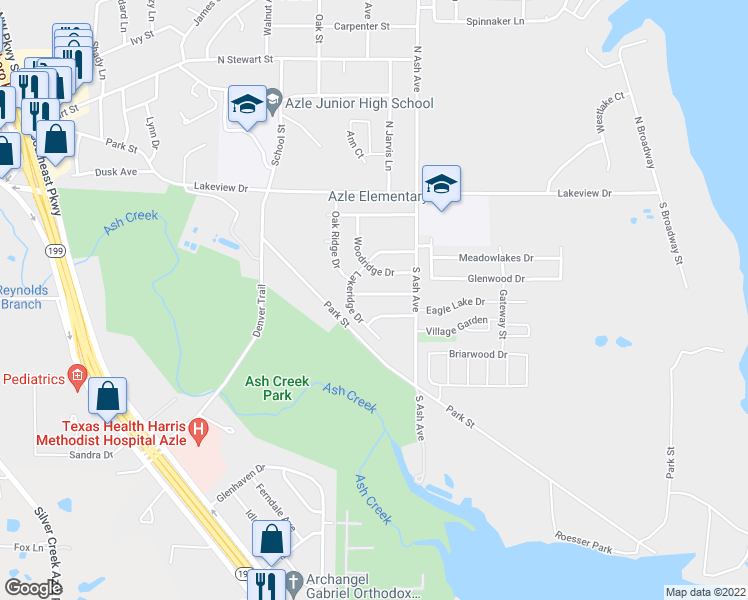 map of restaurants, bars, coffee shops, grocery stores, and more near 1112 Pine Ridge Drive in Azle