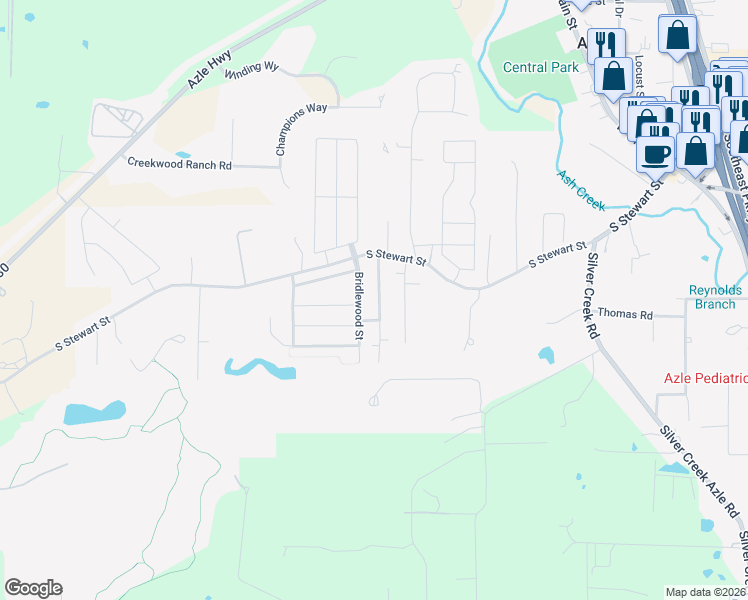 map of restaurants, bars, coffee shops, grocery stores, and more near 133 Bridlewood Street in Azle