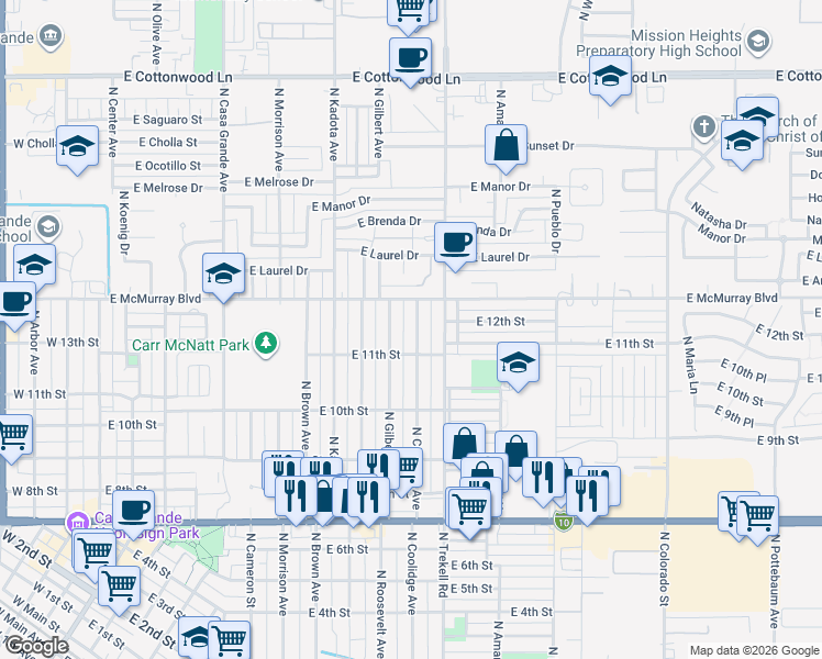 map of restaurants, bars, coffee shops, grocery stores, and more near 1116 North Coolidge Avenue in Casa Grande