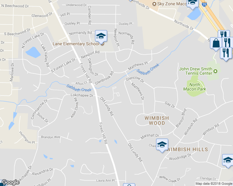 map of restaurants, bars, coffee shops, grocery stores, and more near Lundy Court in Macon