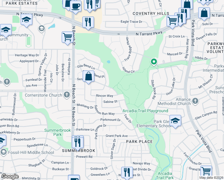 map of restaurants, bars, coffee shops, grocery stores, and more near 8008 Truxton Court in Fort Worth