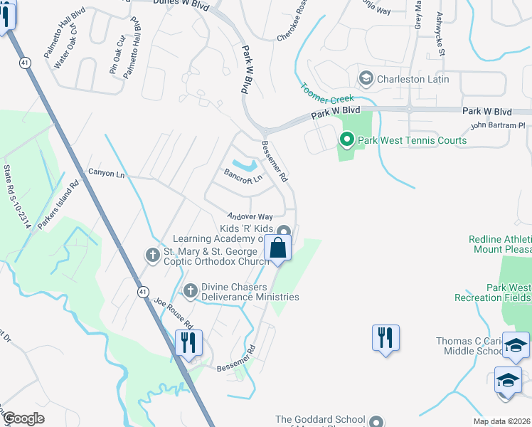 map of restaurants, bars, coffee shops, grocery stores, and more near 2251 Andover Way in Mount Pleasant