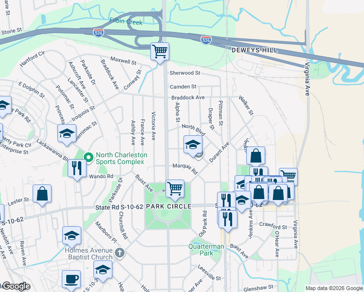 map of restaurants, bars, coffee shops, grocery stores, and more near 1166 Arant Street in North Charleston