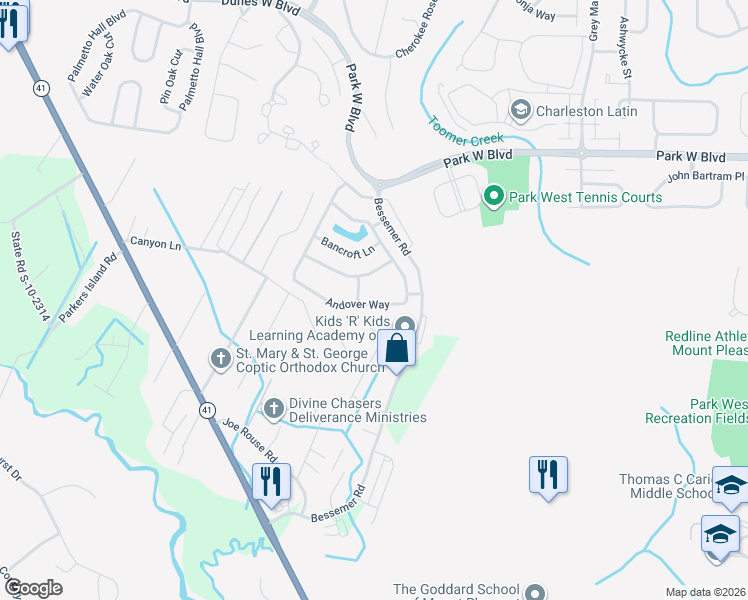 map of restaurants, bars, coffee shops, grocery stores, and more near 2251 Andover Way in Mount Pleasant